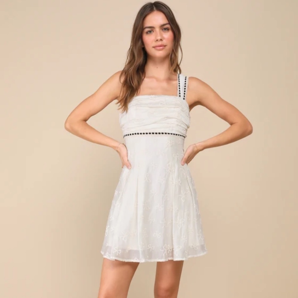 Lulu's Lovely Affection Ivory Bow Embroidered Trim Mini Dress